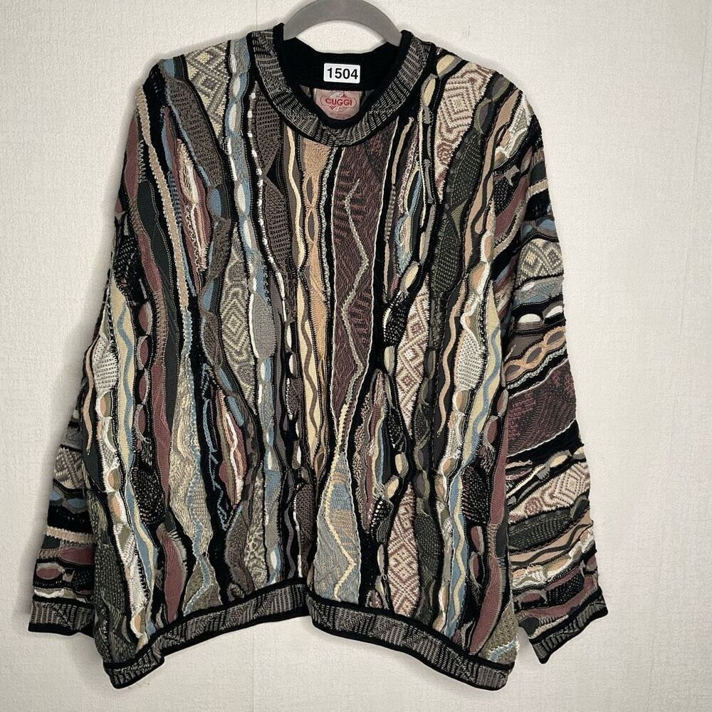 Vintage 80's 3D Coogi Cuggi Biggie Cosby Sweater Cotton Dark Multi-Color Large